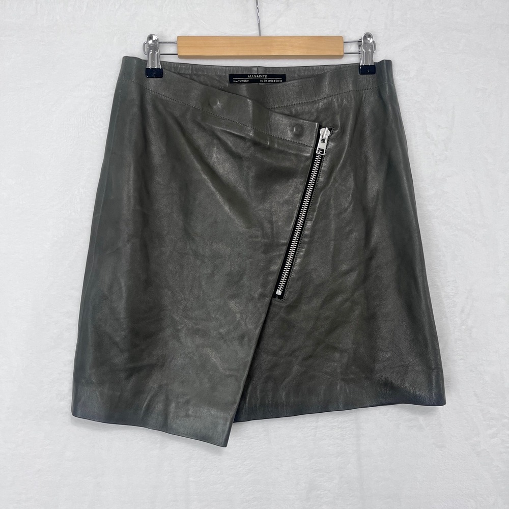 AllSaints Ruther Zip Lamb Leather Skirt Size 8 Taupe Gray Asymmetric Lambskin